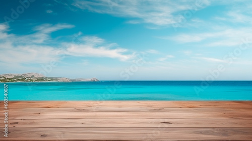 wood table top on blurred background of sea and ocean