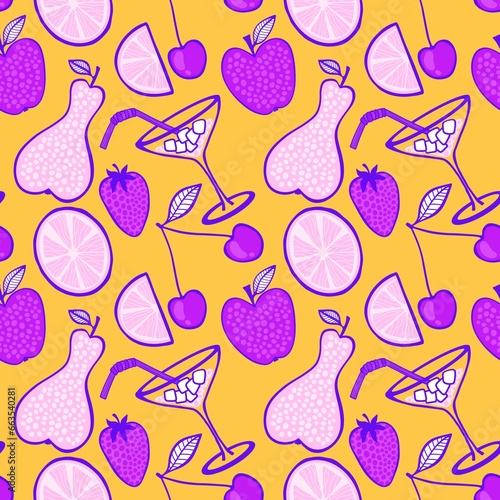Fruit cocktail cartoon ingredients seamless cherry and pears and lemon and strawberry pattern for wrapping paper
