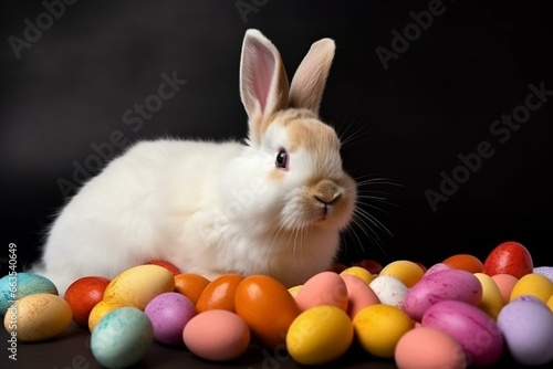 adorable bunny with vibrant Easter eggs. Generative AI © Idris