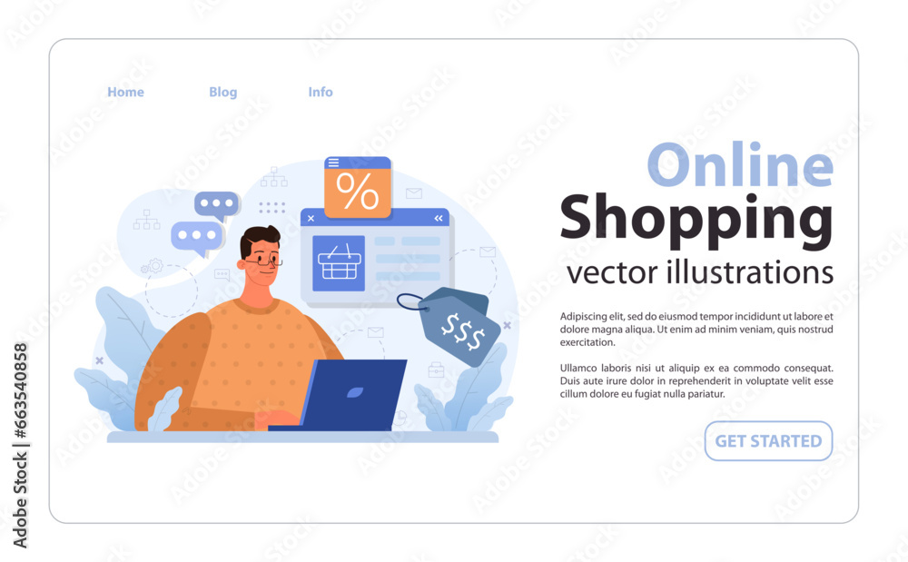 E-commerce web banner or landing page. Online shopping, male character E-commerce web banner or landing page. Online shopping, male character
