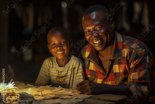 Father and son emigrant Africans are sitting at a table and doing needlework photo