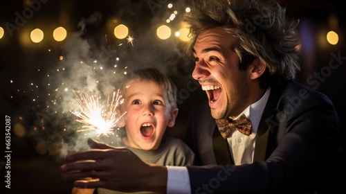 The child's excitement at a surprise birthday with a magician theme. generative ai