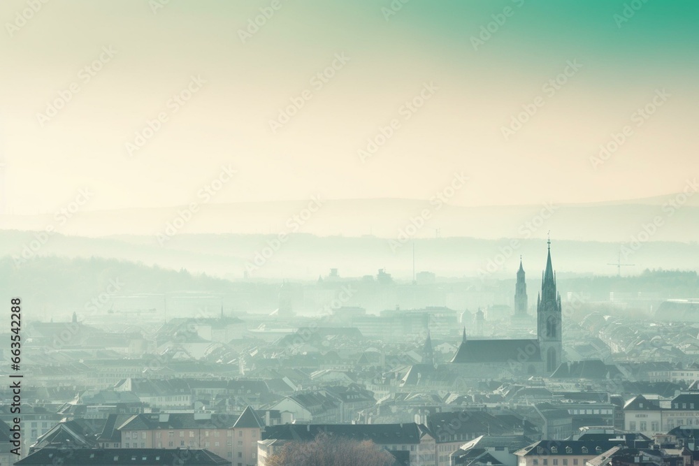 Translucent urban layers showcasing iconic Zurich skyline viewed through a gradient filter. Generative AI
