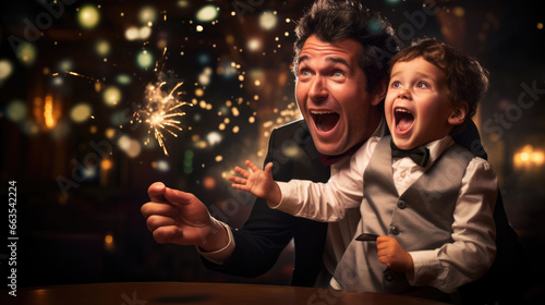 The child's excitement at a surprise birthday with a magician theme. generative ai