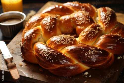 Traditional bread made by braiding dough into a flavorful challah. It is commonly associated with Jewish cuisine. Generative AI