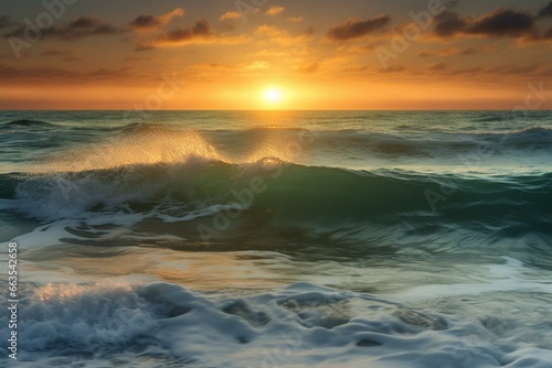 a beautiful scene of the sun rising over the ocean with gentle waves. Generative AI © Elara