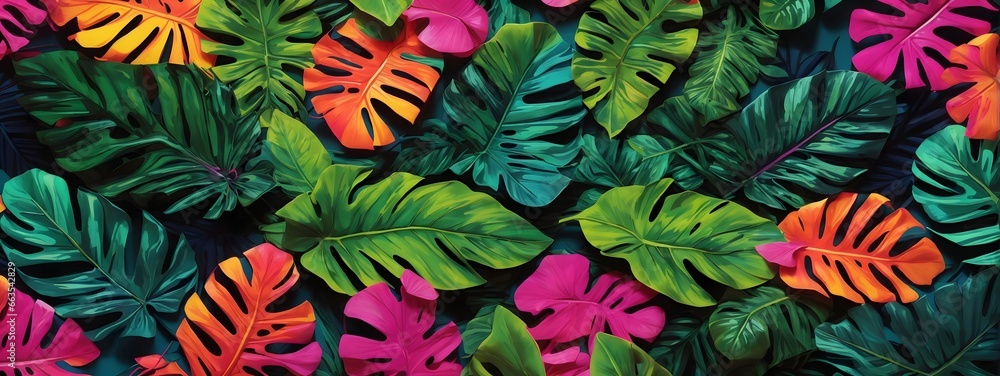 Featuring A Creative Color Layout Composed Of Tropical Leaves Arranged In A Flat Lay Fashion, Set Against A Backdrop Of Neon Colors AI Generative