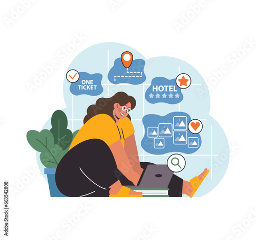 Solo travel or honeymoon planning. Woman booking tickets online