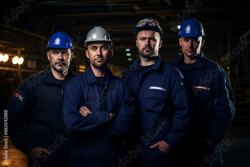 Portrait engineer Senior boss standing confident with team factory staff, smiling worker standing together, Teamwork concept