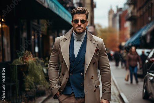 Content chic man in timeless style by the city