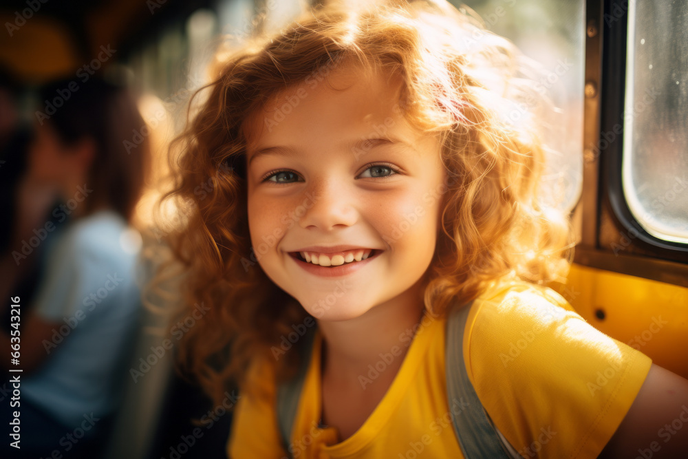 School Bus smiling Cute Girl Getting On school Bus, Excited young girl