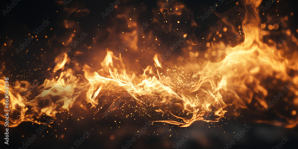 Fire flames with sparks on a black background,, Fire Dance in the ...