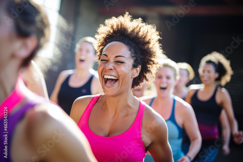 A group of diverse middle-aged women enjoying a joyful dance or gym class. Openly expressing their active lifestyle through dance or other dances with friends