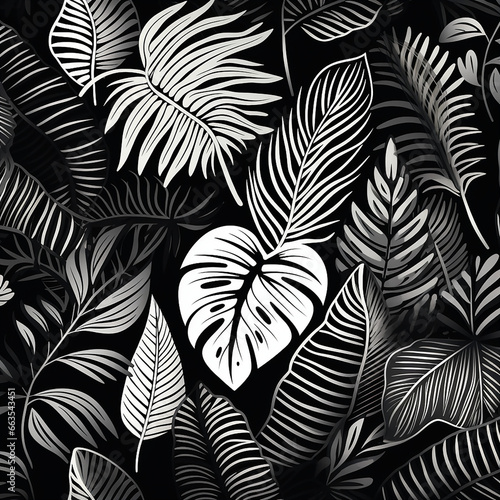 seamless floral pattern with leaves on black background created with Generative Ai © Andrii Yablonskyi
