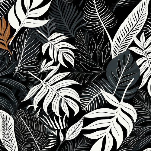 seamless floral pattern with leaves on black background created with Generative Ai