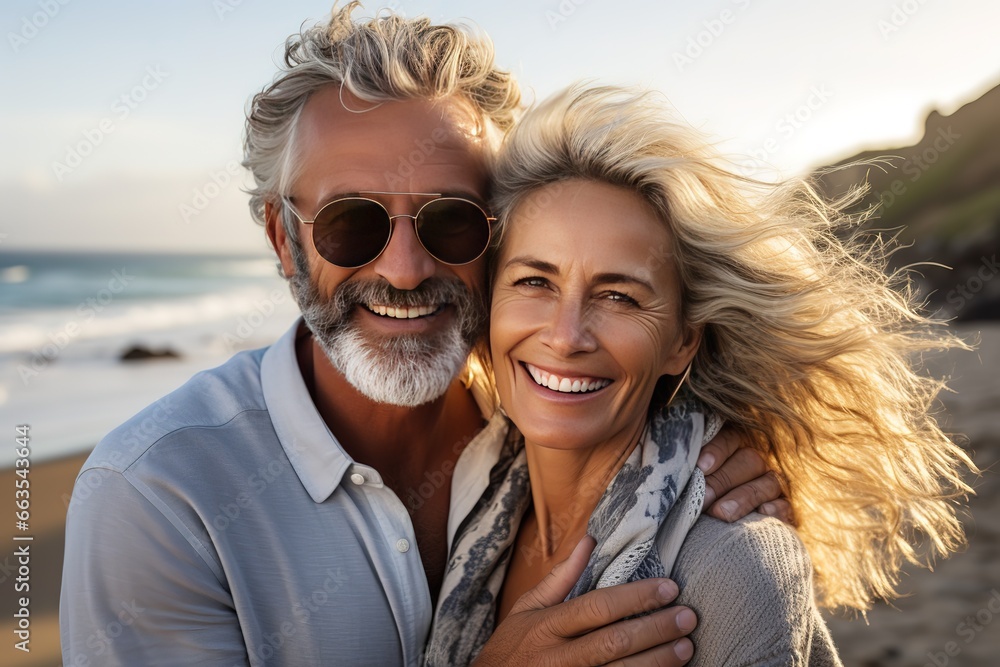 Couple on the beach smiling.