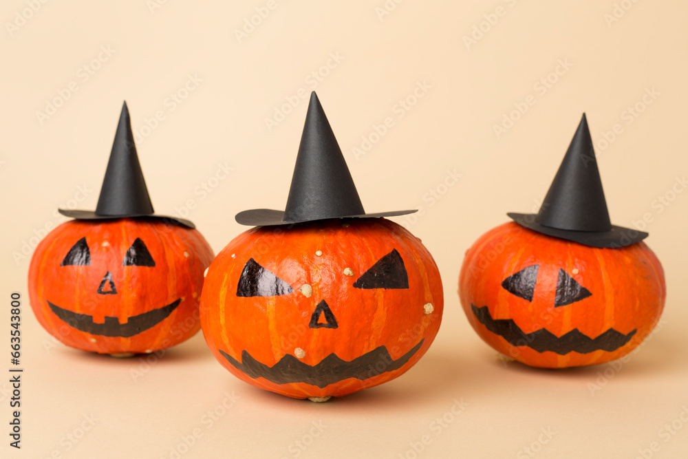Halloween composition with jack o lanter decor on color background Halloween composition with jack o lanter decor on color background