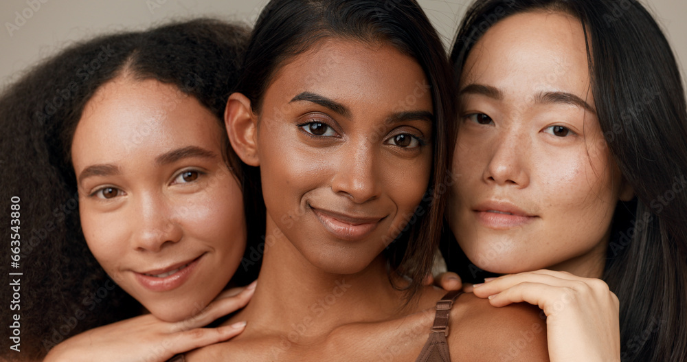 Women, face and natural beauty, diversity and wellness, dermatology and friends isolated on studio background. Unique skin, cosmetic care and inclusion with skincare, smile and antiaging treatment - obrazy, fototapety, plakaty 
