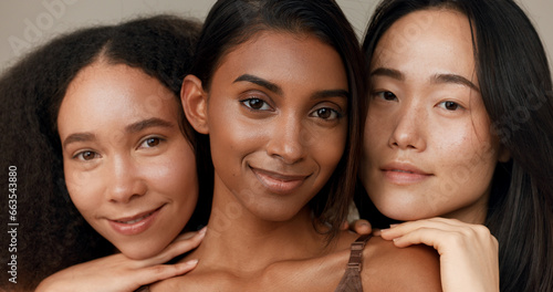 Women, face and natural beauty, diversity and wellness, dermatology and friends isolated on studio background. Unique skin, cosmetic care and inclusion with skincare, smile and antiaging treatment