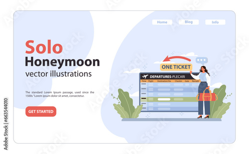 Solo travel, honeymoon web banner or landing page. Woman at the airport