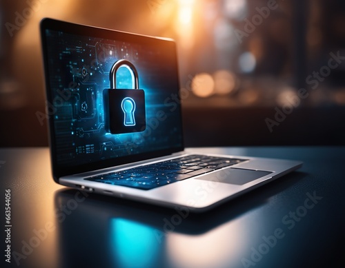 Cyber security concept. Lock, key hole and laptop on digital pattern background photo