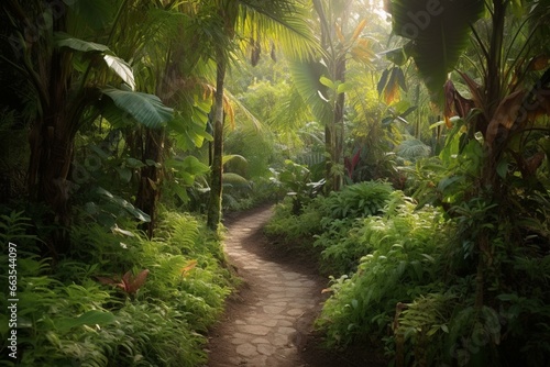 A tropical trail surrounded by lush vegetation. Generative AI