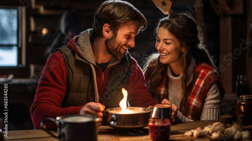 couple sharing a romantic meal in front of a cozy fireplace generative ai