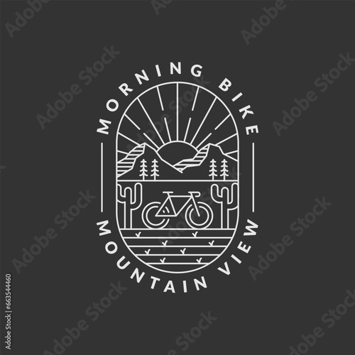 morning mountain biking badge vector illustration. mountain and bicycle monoline or line art style. design can be for t-shirts, sticker, printing needs