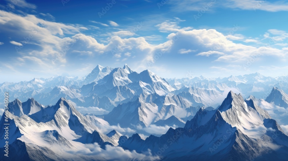 capturing the aerial panorama of a rugged mountain range with snow-capped peaks generative ai