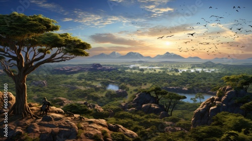 aerial panorama capture of a vast savannah with wandering wildlife on the plains generative ai