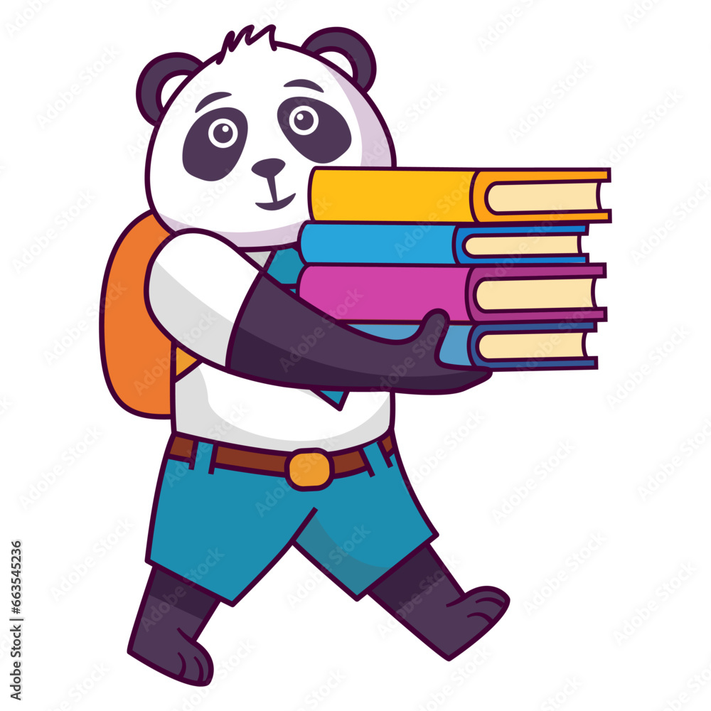 School animal character. Student in uniform. Cartoon panda bear.Children education.A panda schoolboy with books.Line art vector illustration.Children Library little bear reading a book.