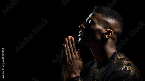 Black man praying to god, believing male expresses his faith, portrait on black background with copy space, ai generated