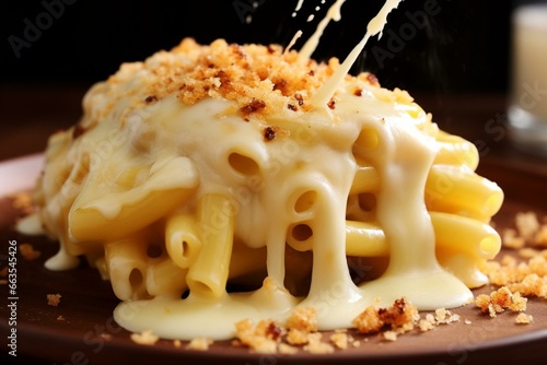 Pasta topped with melted cheese. Generative AI