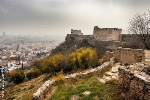 Panoramic urban landscape with ancient fortress. Generative AI