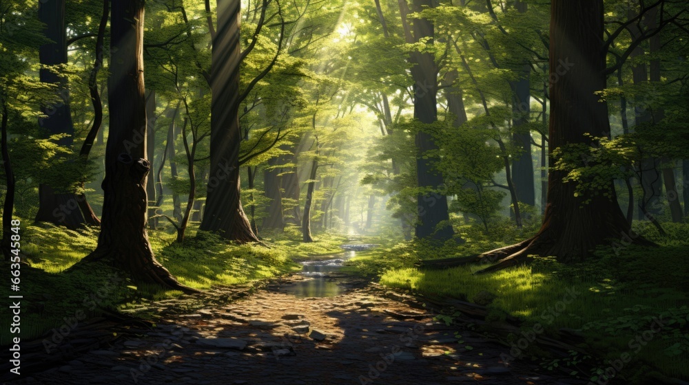 Fototapeta premium Capture of the serene aerial view from a forest trail with sunlight filtering through tall trees. generative ai