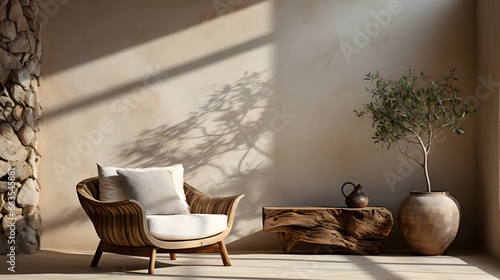 Fabric lounge chair and wood stump side table against beige stucco wall with copy space. Rustic minimalist home interior design of modern living room