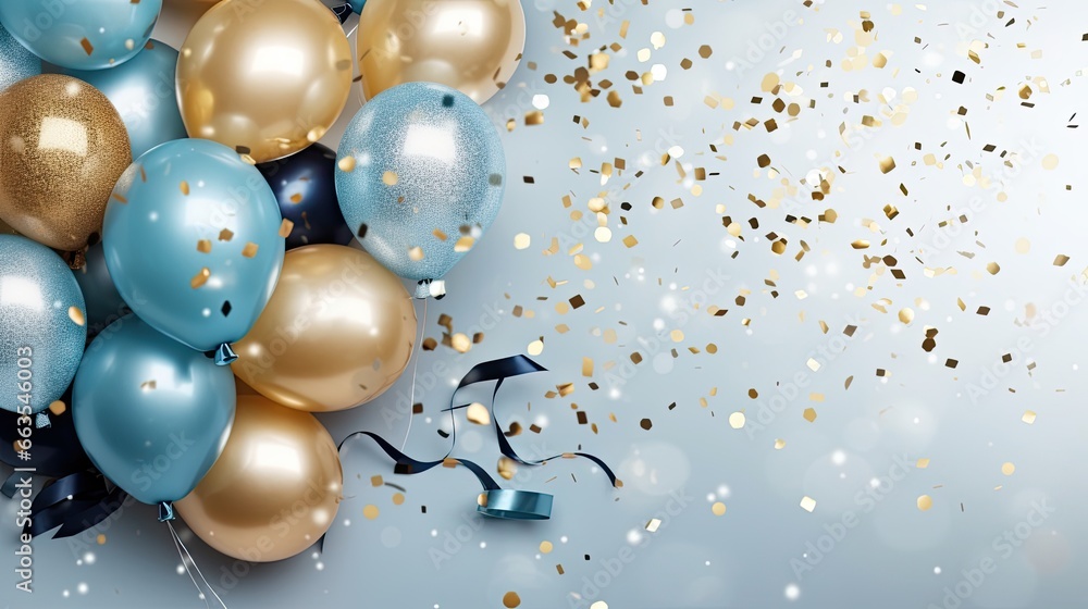 Party invitation card background with blue and golden balloons, ai generated Party invitation card background with blue and golden balloons, ai generated