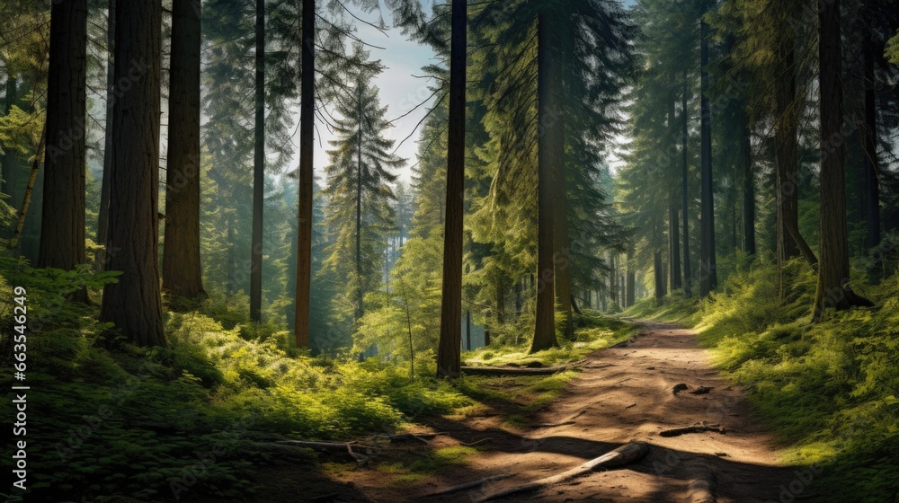 Fototapeta premium Capture of the serene aerial view from a forest trail with sunlight filtering through tall trees. generative ai