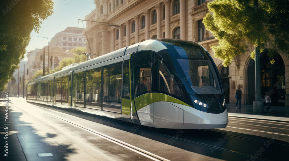 Modern electrified tramway moves down the street