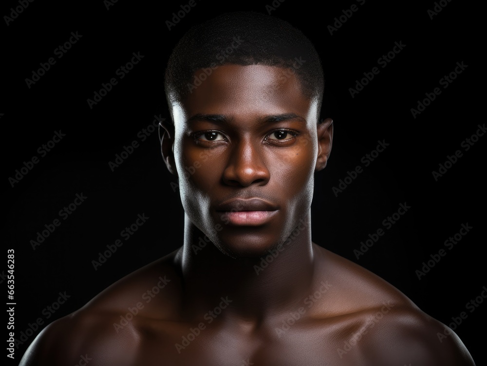 Black man portrait, low key front view on black background, handsome male model with perfect skin, ai generated Black man portrait, low key front view on black background, handsome male model with perfect skin, ai generated