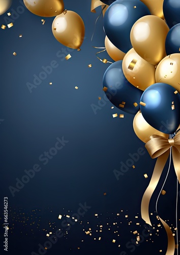 Party invitation card background with blue and golden balloons, free copy space for text