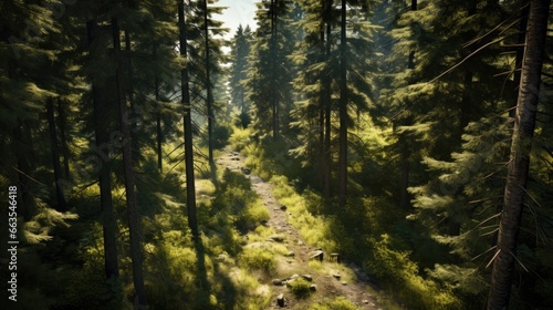 Capture of the serene aerial view from a forest trail with sunlight filtering through tall trees. generative ai