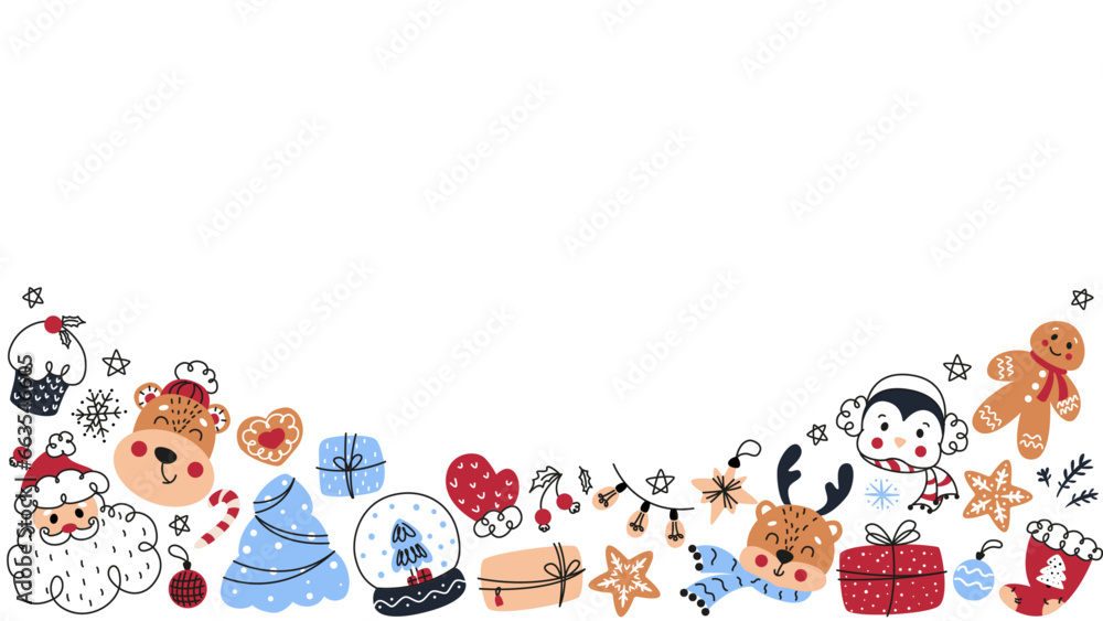 Christmas background with Santa, reindeer, gingerbread, Christmas elements for decoration Christmas background with Santa, reindeer, gingerbread, Christmas elements for decoration