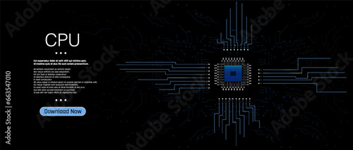 Futuristic microchip processor with lights on the blue background. Quantum computer, large data processing, database concept. Future technology Modern Future background technology 