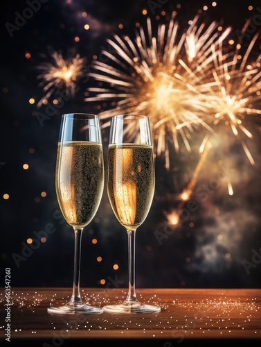 two glasses of champagne, festive golden fireworks background, party celebration new year toasting, ai generated