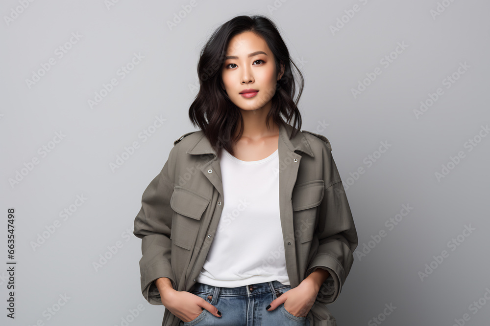 an attractive Asian model in plain solid studio background