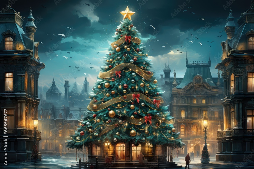 Fototapeta premium Fairytale Christmas tree house in the center of a medieval city. New Year card
