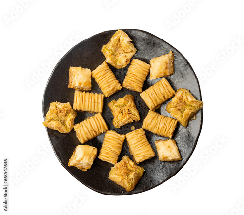 Baklava Isolated, Small Ramadan Dessert, Eastern Sweet Filo Pastries, Turkish Honey Baklawa, Oriental Desert photo