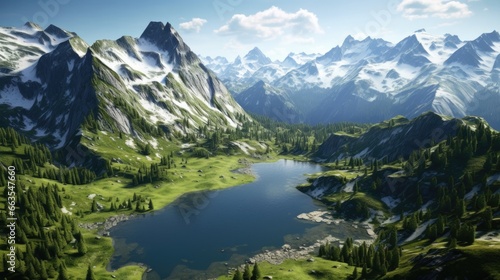 capturing the aerial panorama of a rugged mountain range with snow-capped peaks generative ai