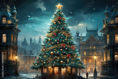 Fairytale Christmas tree house in the center of a medieval city. New Year card